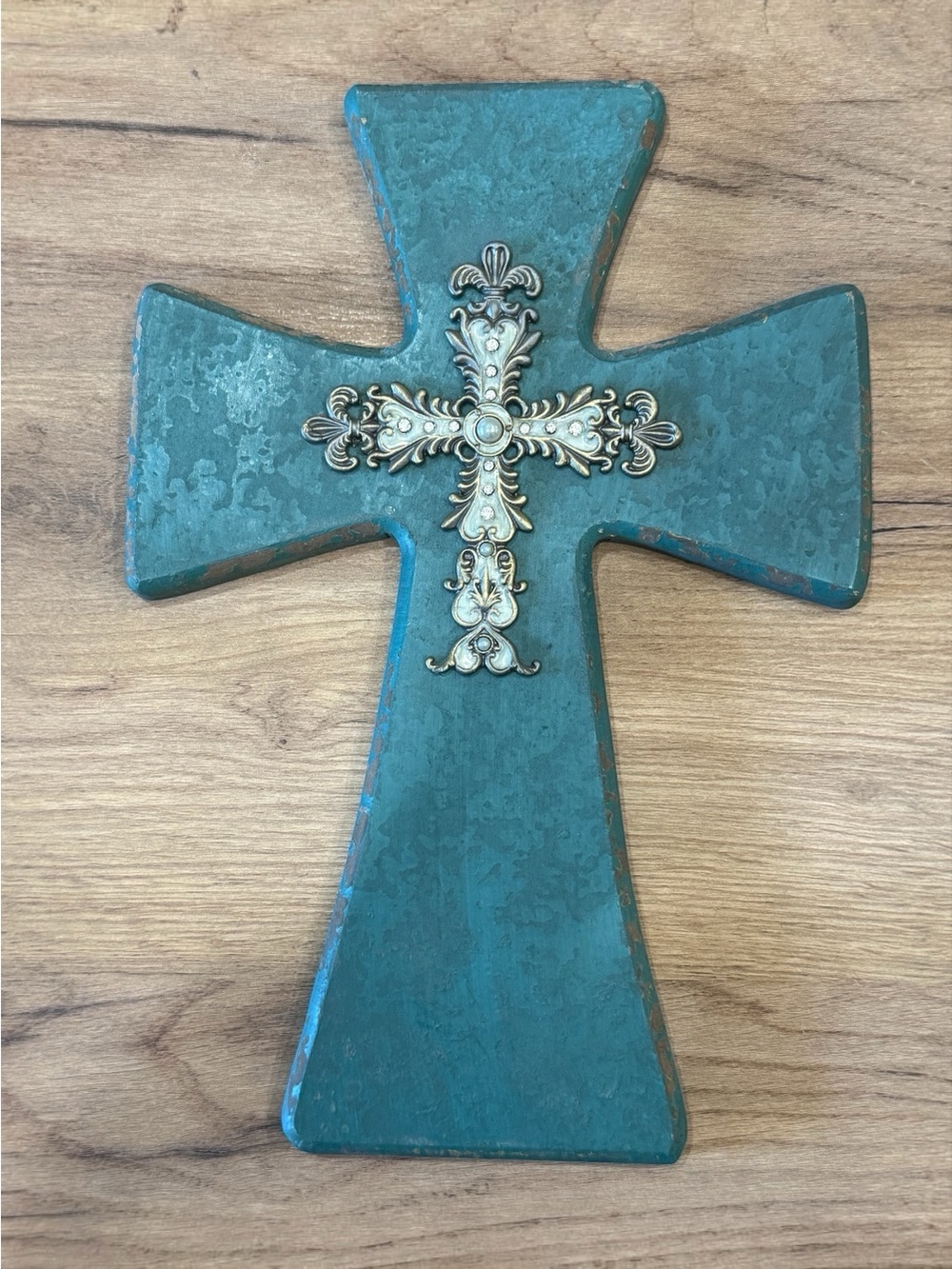Rustic Western Style Teal Wall Cross with Ornate Metal Scroll Accents